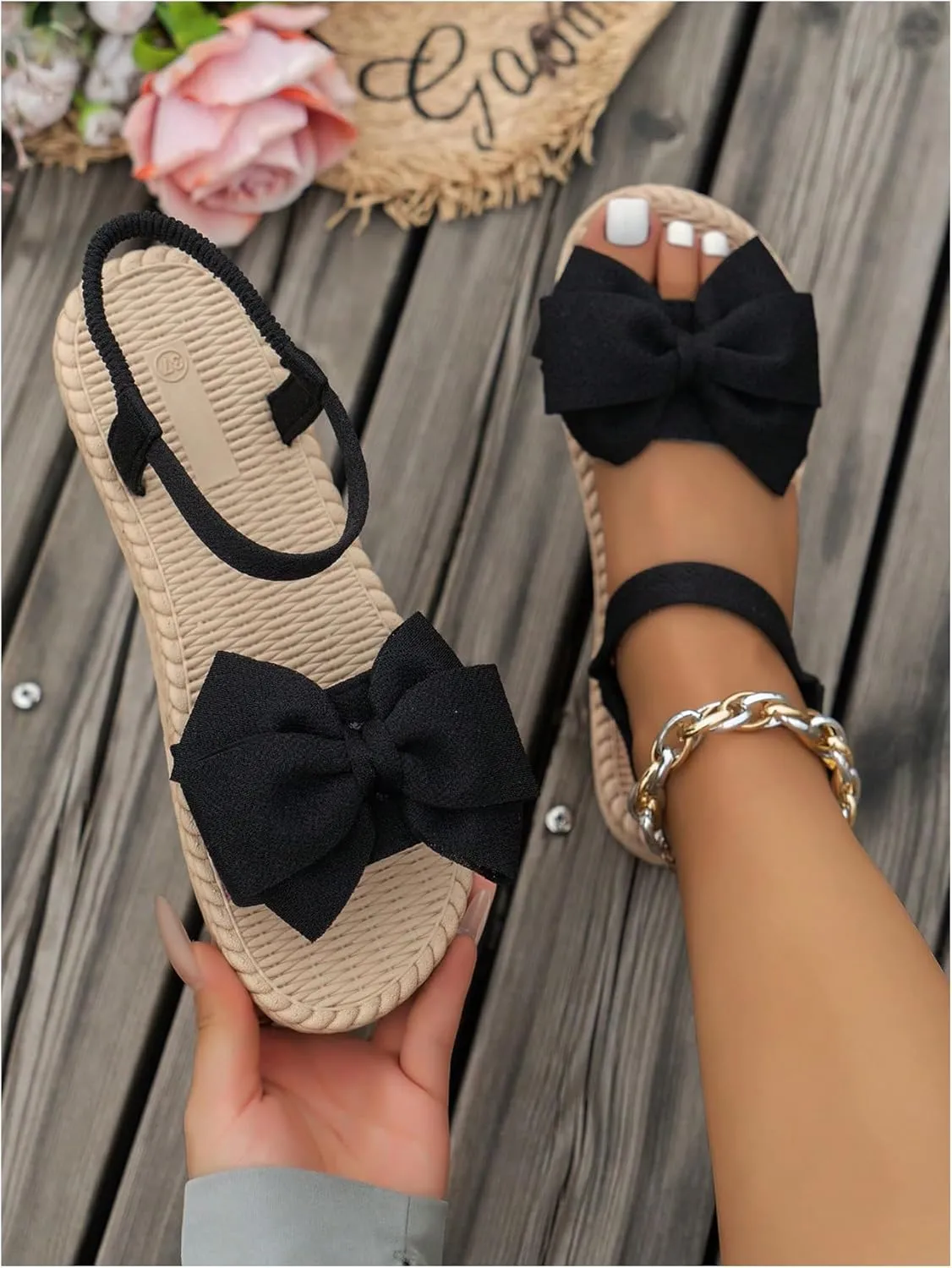 GORGLITTER Women's Bow Braided Flat Sandals Open Toe Lightweight Vacation Beach Slide Sandals
