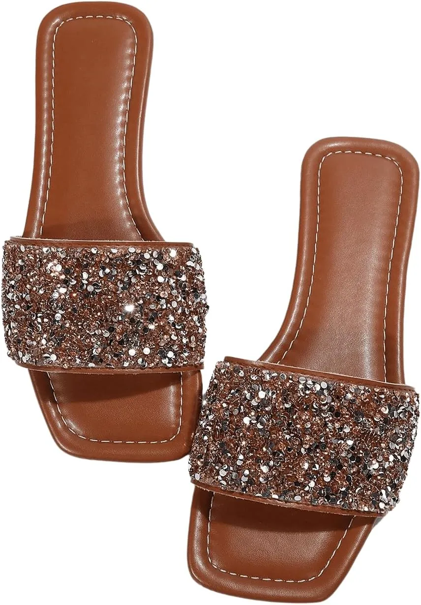 GORGLITTER Women's Sparkly Jeweled Flat Sandals Dressy Open Toe Glitter Shiny Slippers Slip-on Shoes