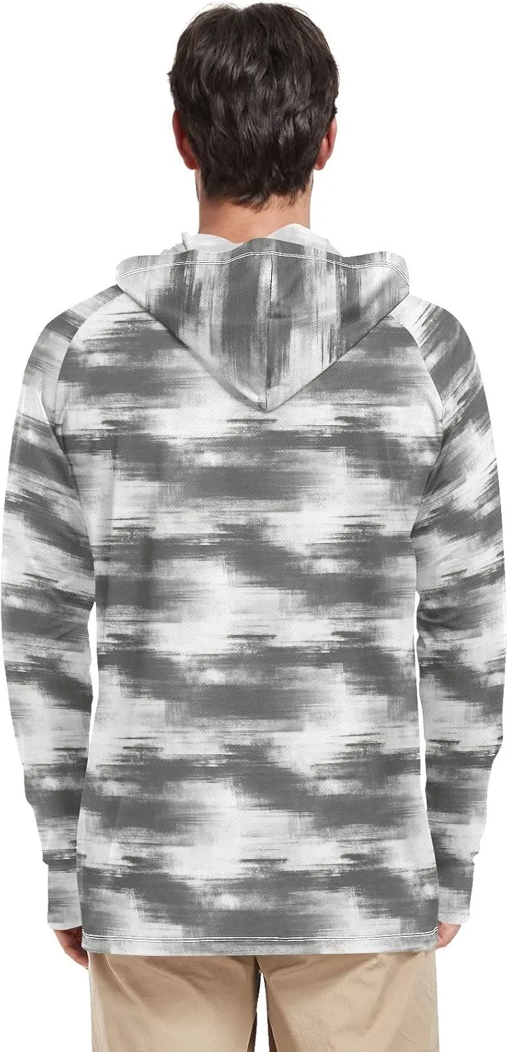 Grunge Style Gray Sun Shirt Hoodie for Men Long Sleeve Fishing Shirt UPF 50  Hooded Fishing Shirts UV Rashguard for Men