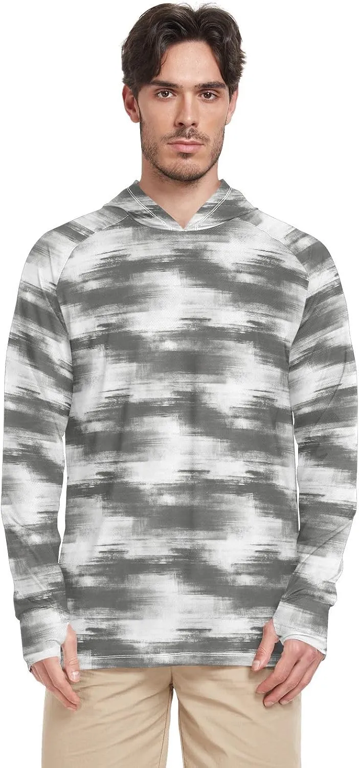 Grunge Style Gray Sun Shirt Hoodie for Men Long Sleeve Fishing Shirt UPF 50  Hooded Fishing Shirts UV Rashguard for Men