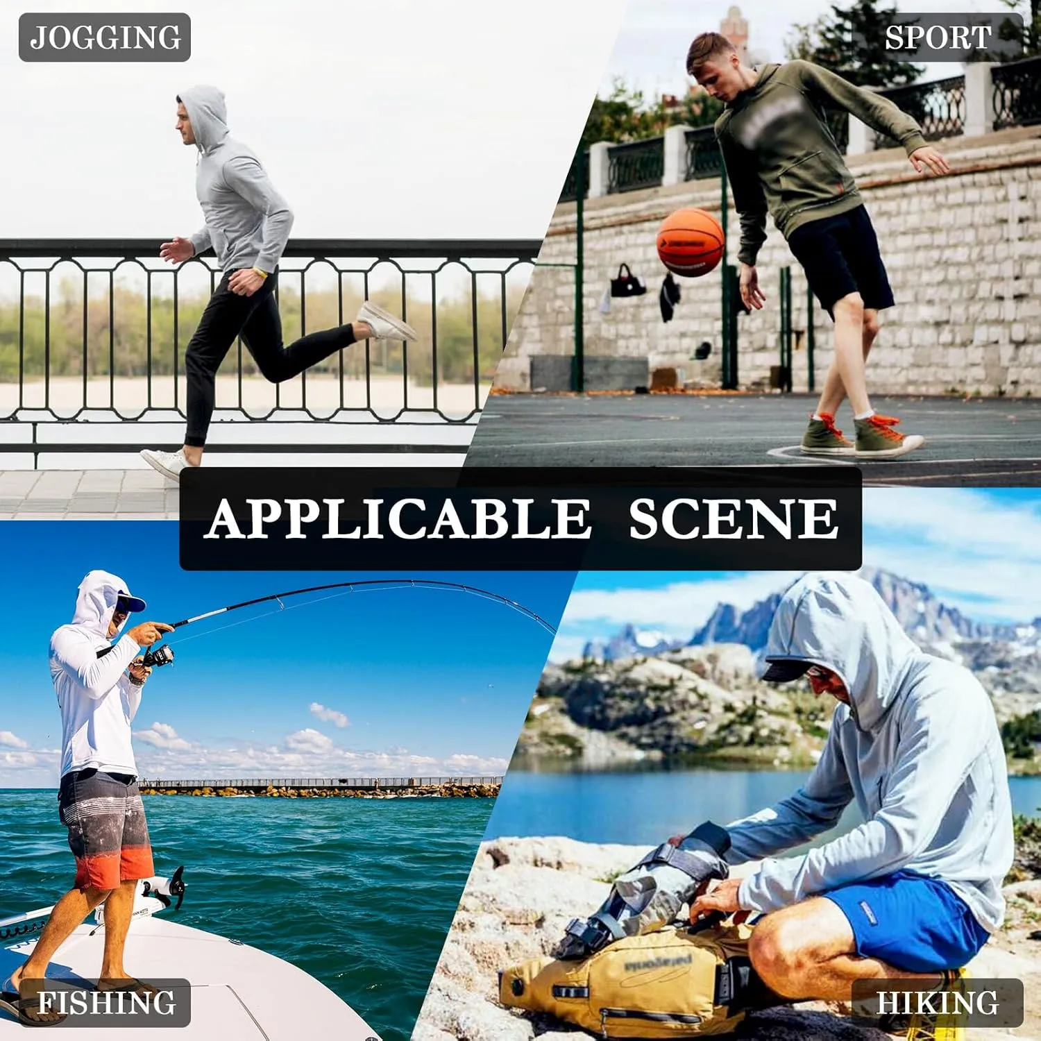 Grunge Style Gray Sun Shirt Hoodie for Men Long Sleeve Fishing Shirt UPF 50  Hooded Fishing Shirts UV Rashguard for Men