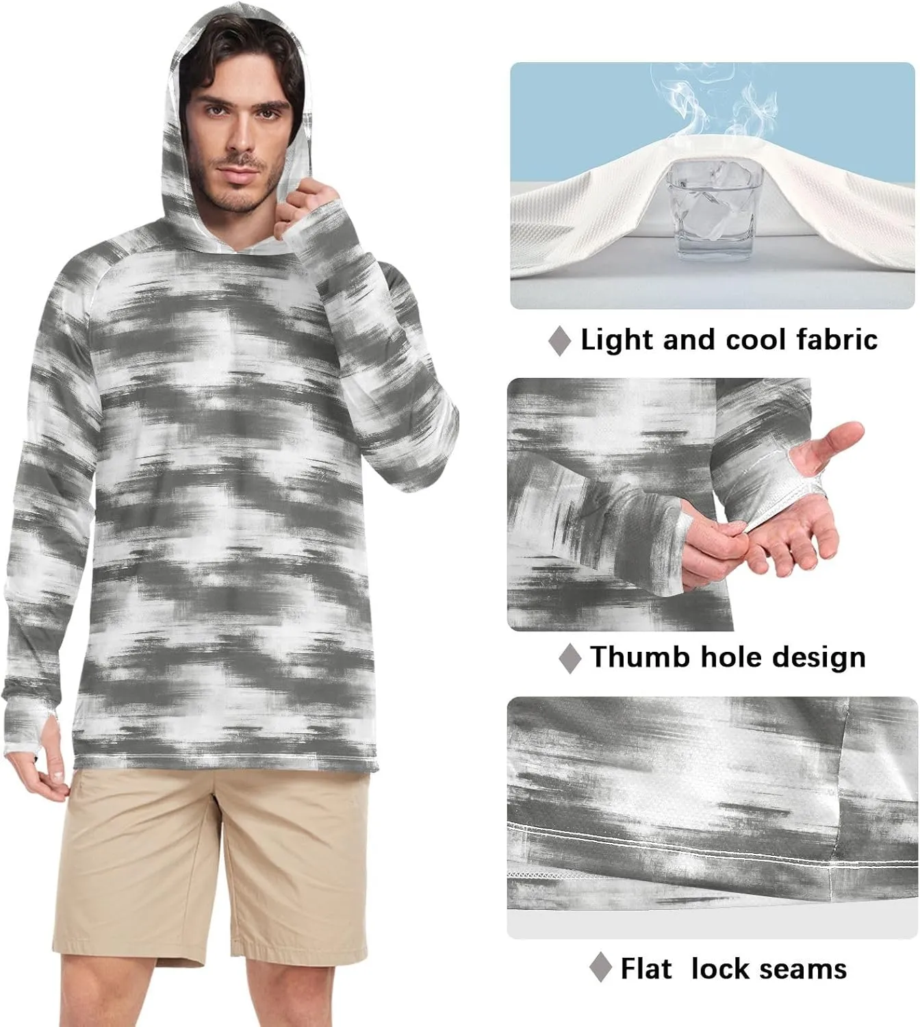 Grunge Style Gray Sun Shirt Hoodie for Men Long Sleeve Fishing Shirt UPF 50  Hooded Fishing Shirts UV Rashguard for Men