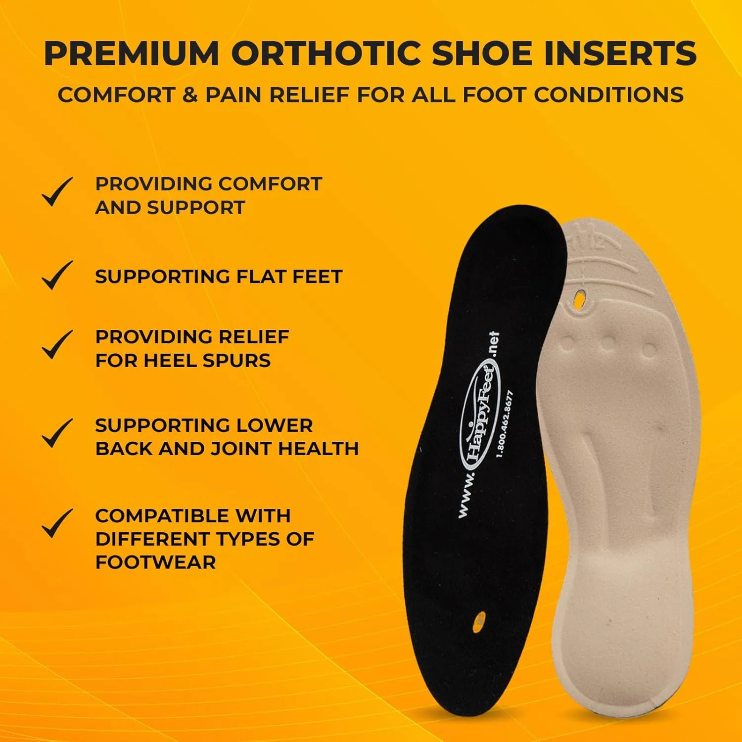 Happy Feet Insoles, Foot Pain Inserts Plantar Fasciitis Flat Feet Orthotic High Arch Support Gel Insert Shoe Insoles for Mens and Womens