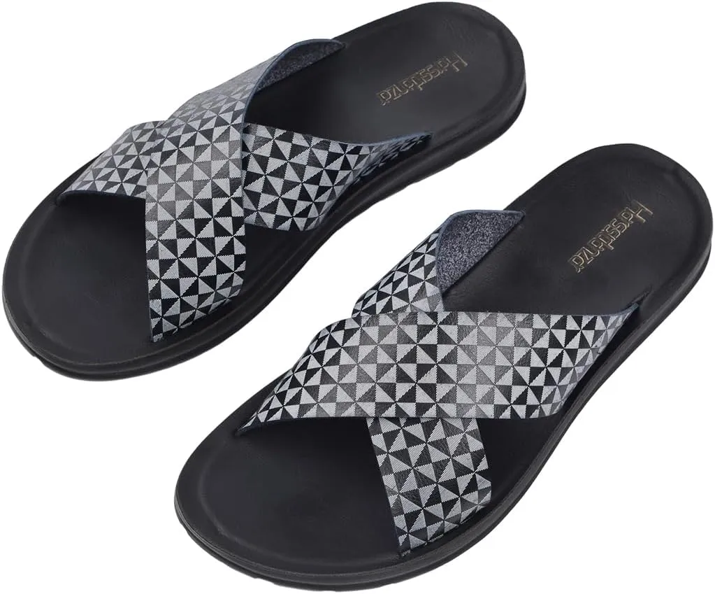 Harssidanzar Slide Sandals For Men,Summer Vintage Printing Sandals Slip on Quick-Dry Cross Slide Sandals KM238US