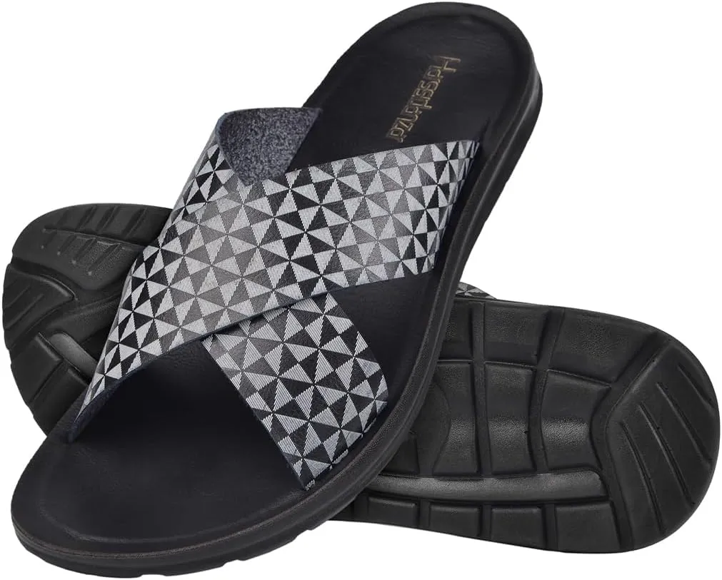 Harssidanzar Slide Sandals For Men,Summer Vintage Printing Sandals Slip on Quick-Dry Cross Slide Sandals KM238US