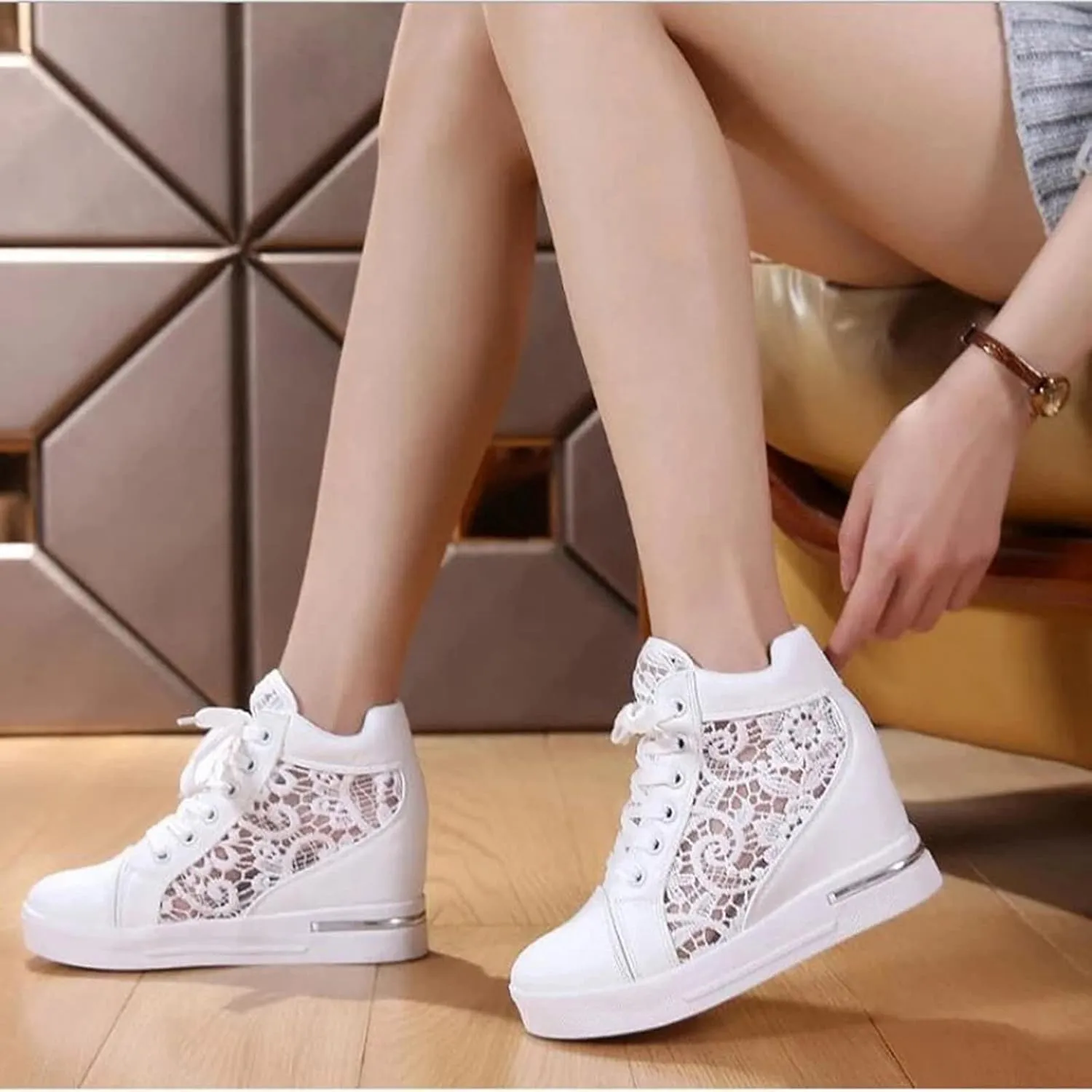 Hbeylia Women's Platform Chunky Sneakers Fashion Platform Hidden Heels Sneakers for Women Lace Crochet Lace Up Comfortable Lightweigt Chunky Bottom Canvas Shoes Loafers for Wedding Casual Wear