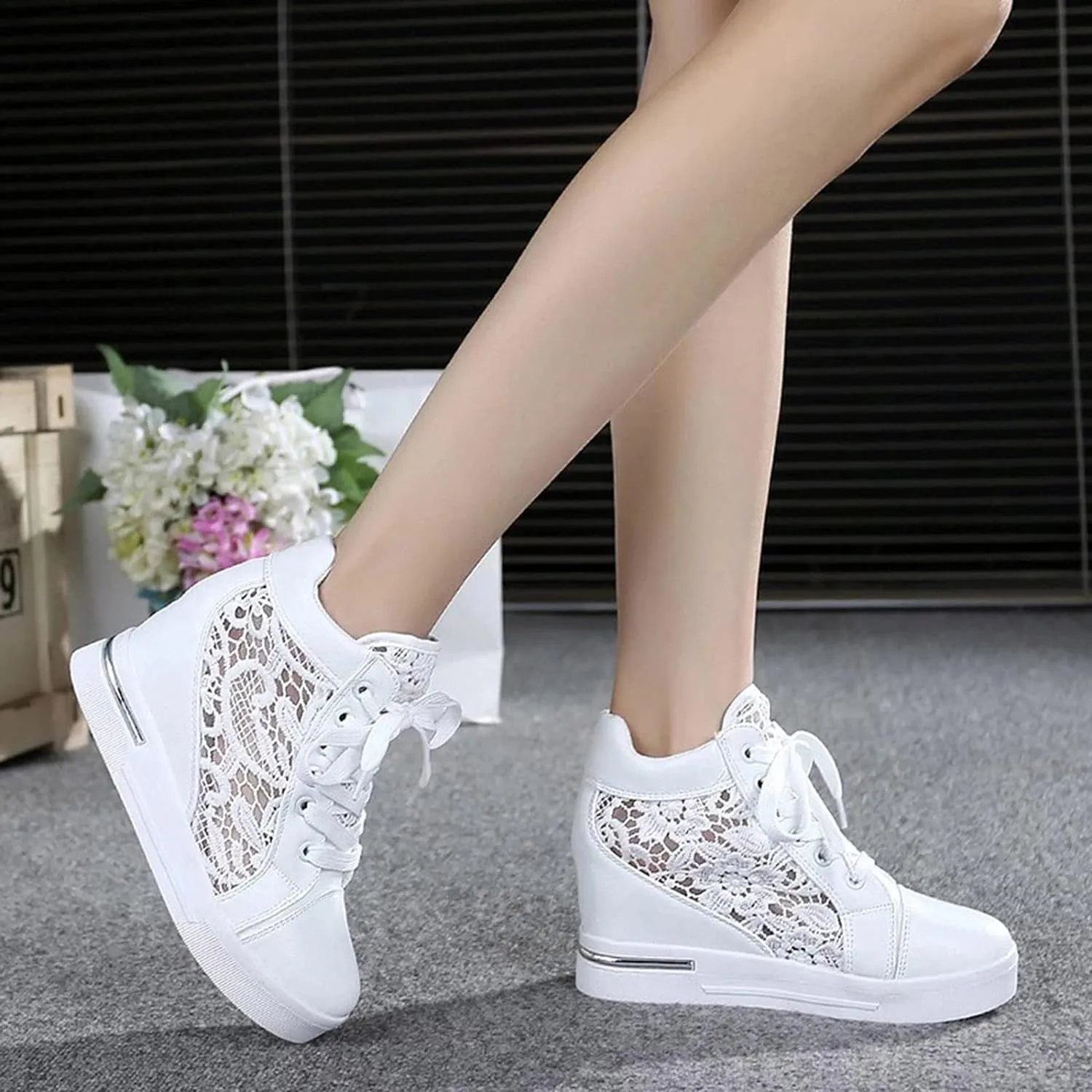 Hbeylia Women's Platform Chunky Sneakers Fashion Platform Hidden Heels Sneakers for Women Lace Crochet Lace Up Comfortable Lightweigt Chunky Bottom Canvas Shoes Loafers for Wedding Casual Wear