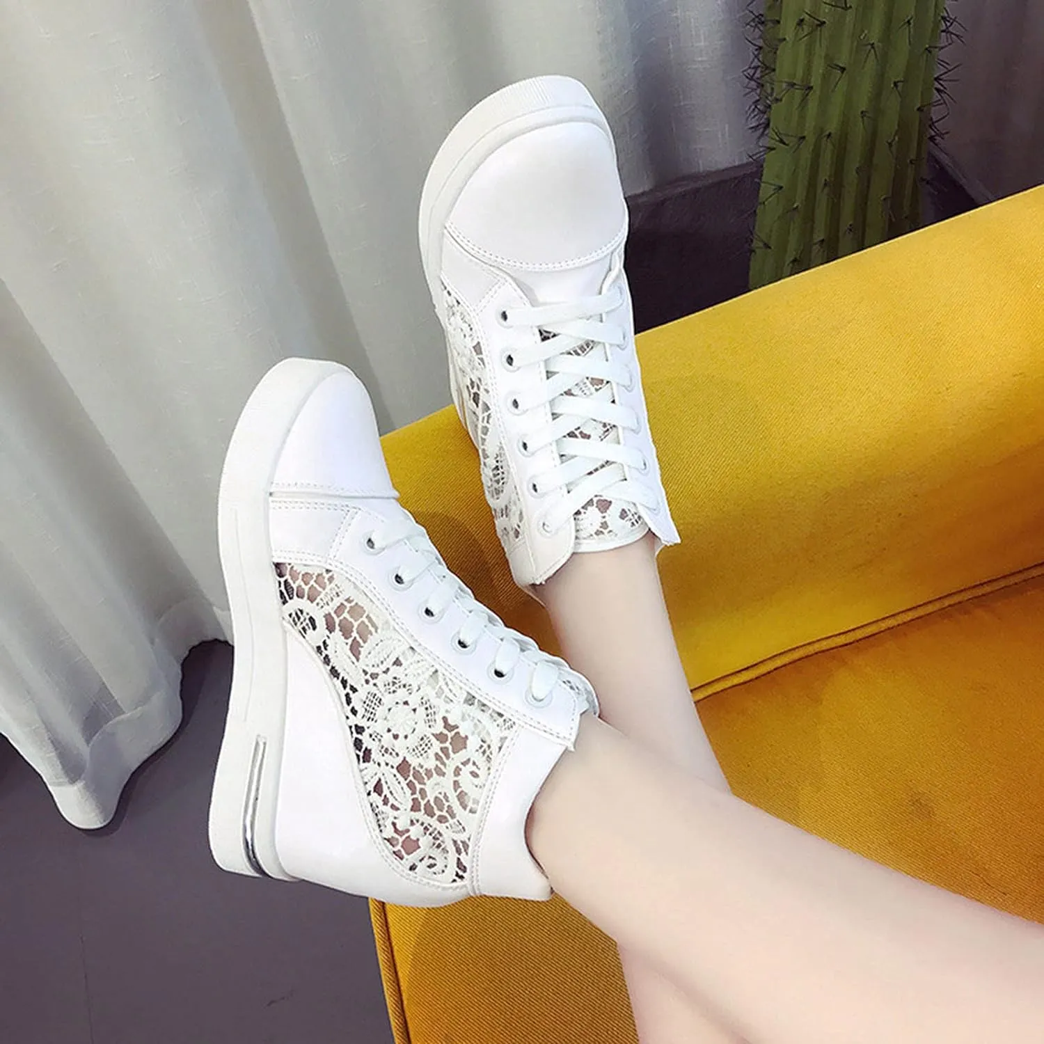 Hbeylia Women's Platform Chunky Sneakers Fashion Platform Hidden Heels Sneakers for Women Lace Crochet Lace Up Comfortable Lightweigt Chunky Bottom Canvas Shoes Loafers for Wedding Casual Wear