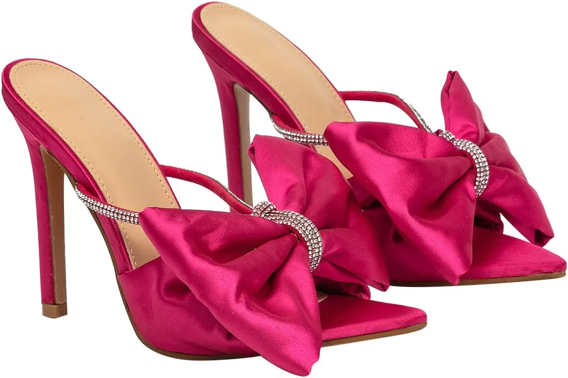 Hee grand Satin Bow-knot Rhinestones High Heel Sandals Slides Sexy Open Toe Party Dress Sandals