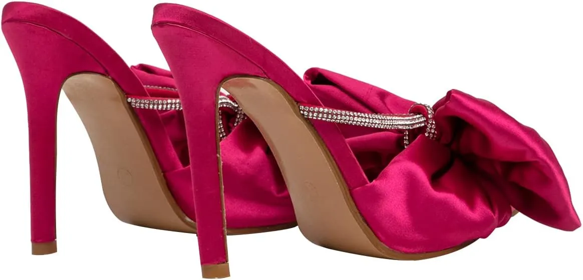 Hee grand Satin Bow-knot Rhinestones High Heel Sandals Slides Sexy Open Toe Party Dress Sandals
