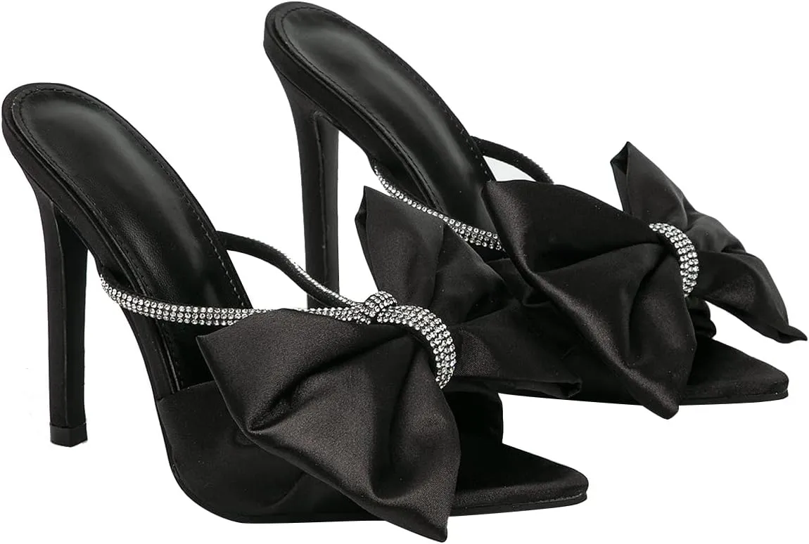 Hee grand Satin Bow-knot Rhinestones High Heel Sandals Slides Sexy Open Toe Party Dress Sandals