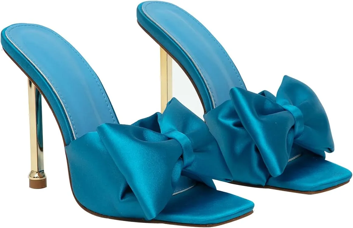 Hee grand Satin Bow-knot Rhinestones High Heel Sandals Slides Sexy Open Toe Party Dress Sandals