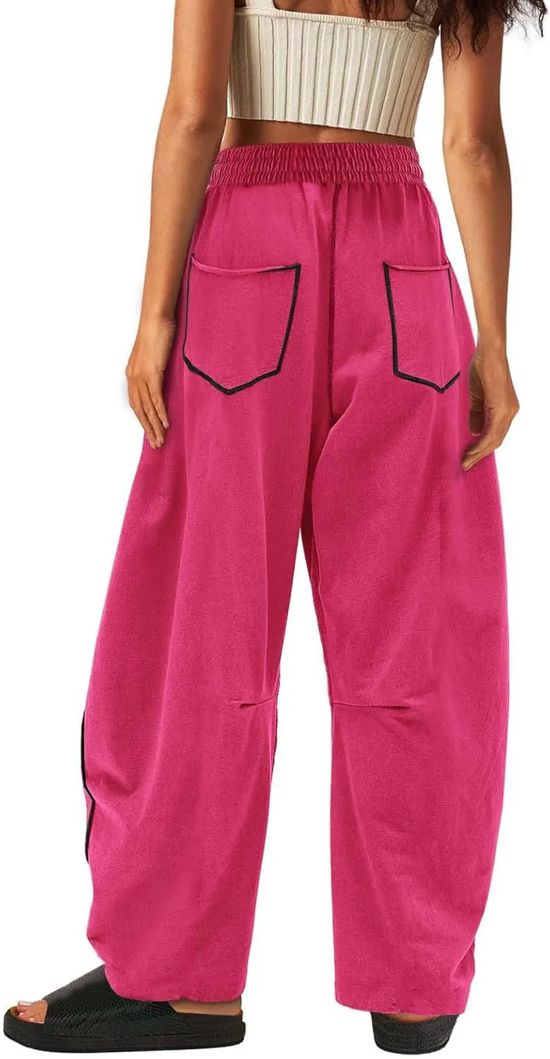 HGps8w Women's Summer Trendy Striped Loose Palazzo Pants Wide Leg Elastic Waist Sweatpants Lounge Trousers with Pockets