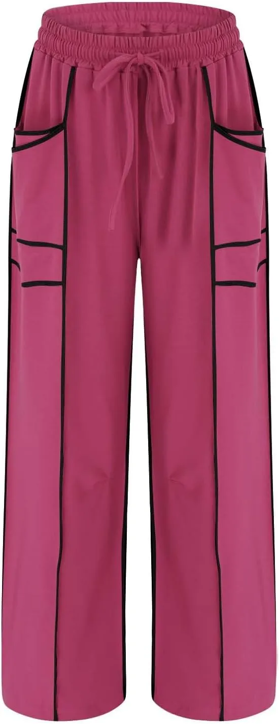 HGps8w Women's Summer Trendy Striped Loose Palazzo Pants Wide Leg Elastic Waist Sweatpants Lounge Trousers with Pockets