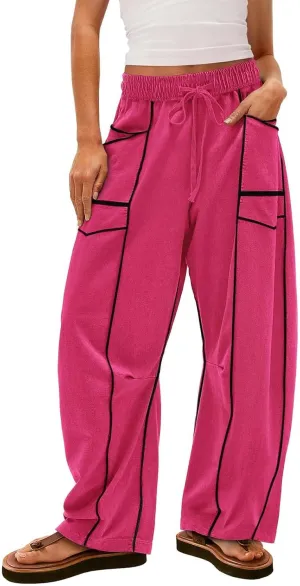HGps8w Women's Summer Trendy Striped Loose Palazzo Pants Wide Leg Elastic Waist Sweatpants Lounge Trousers with Pockets