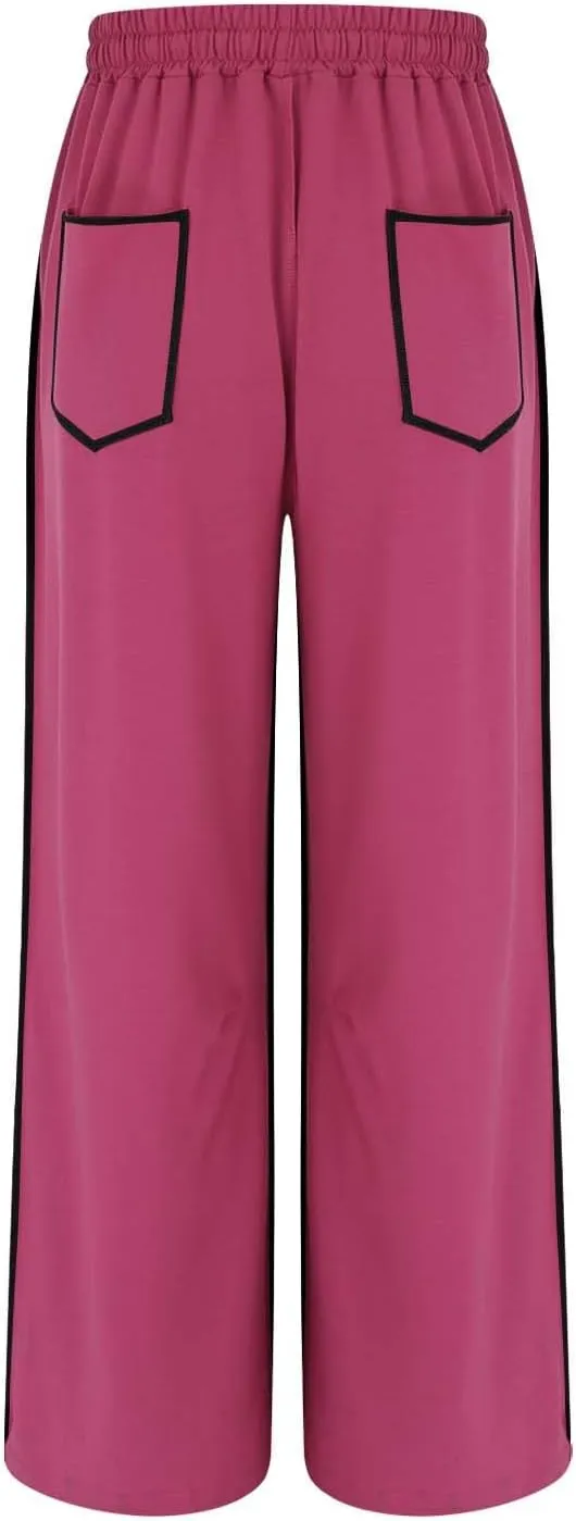 HGps8w Women's Summer Trendy Striped Loose Palazzo Pants Wide Leg Elastic Waist Sweatpants Lounge Trousers with Pockets