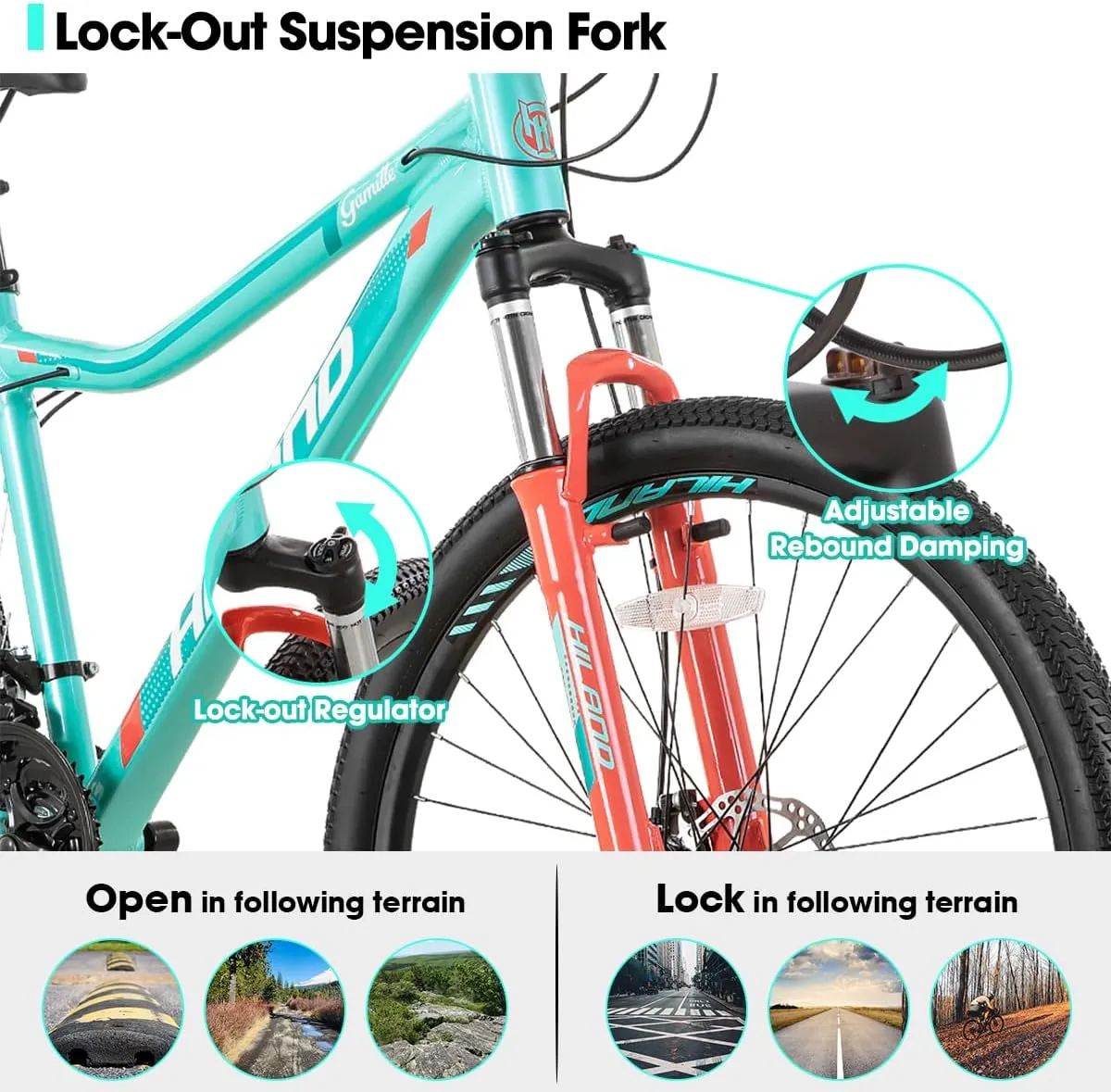 HILAND 20 26 27.5 Inch Mountain Bike for Women Girl, 7/21 Speed with Lock-Out Suspension Fork, Aluminum Frame MTB, Adult Ladies Womens Bike Mens Bicycle