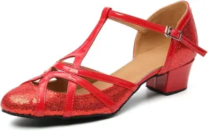 HIPPOSEUS Women's Latin Dance Shoes Champagne Closed Toe Sparkle Low Heel Ballroom Salsa Tango Dance Performance Shoes,Model 2040