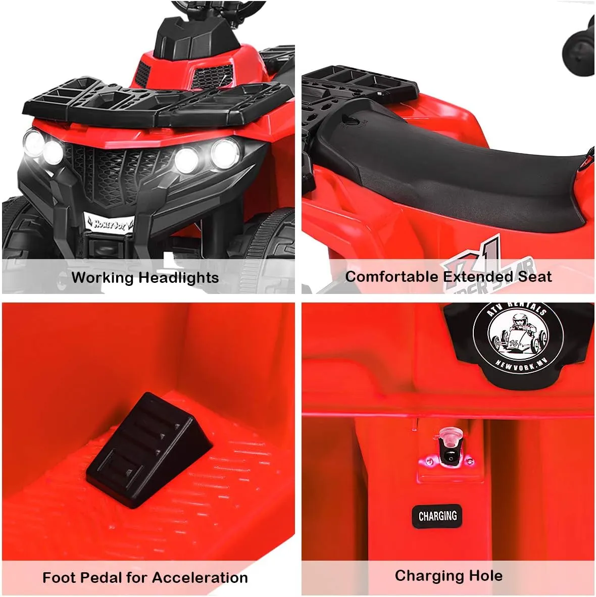 HONEY JOY Ride On ATV, 4-Wheels Quad Off-Road Vehicle for Kids, Skid-Resistant Tires for Sand Driving, Headlights, Music, 6V Battery Operated Ride On Toy Car for Baby Girl Boy (Red)