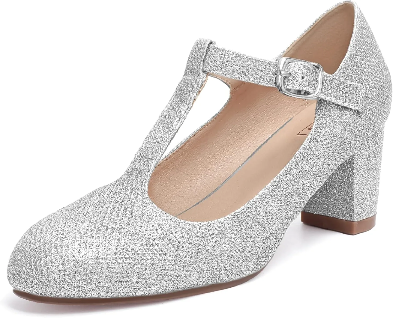 IDIFU Women's Pumps Dress Shoes for Women Mary Jane Low Chunky Closed Toe T-Strap Womens Dress Shoes Wedding Shoes for Bride Black Nude Silver Heels for Women