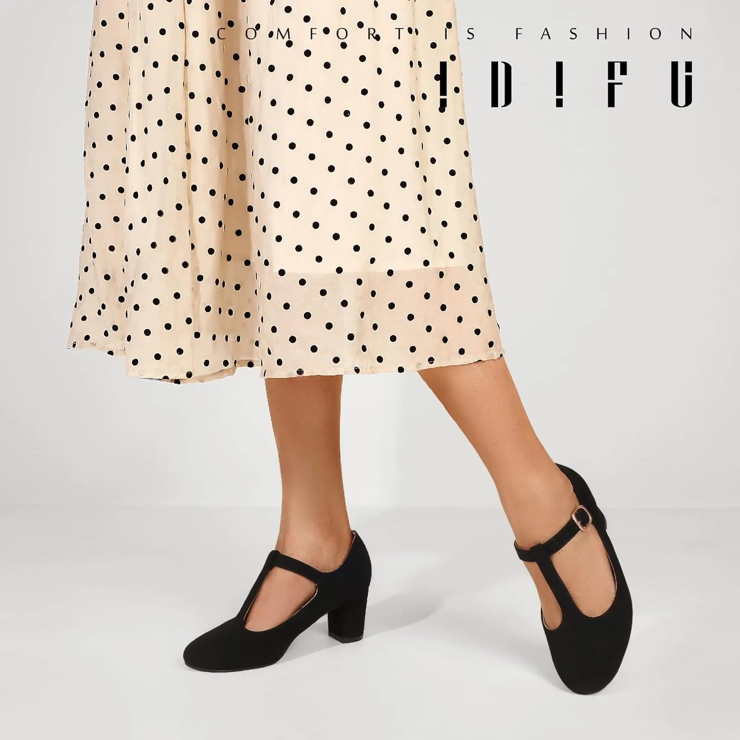 IDIFU Women's Pumps Dress Shoes for Women Mary Jane Low Chunky Closed Toe T-Strap Womens Dress Shoes Wedding Shoes for Bride Black Nude Silver Heels for Women