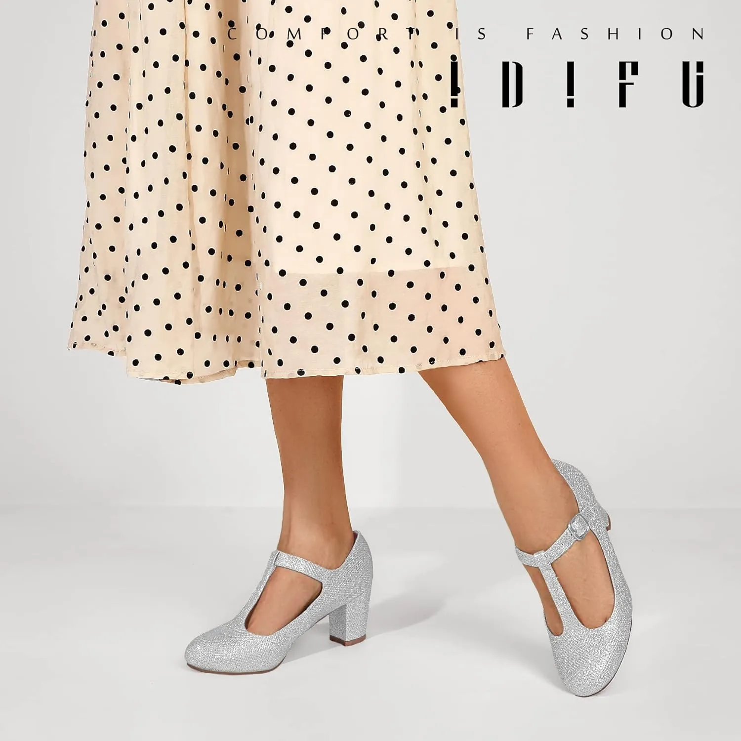 IDIFU Women's Pumps Dress Shoes for Women Mary Jane Low Chunky Closed Toe T-Strap Womens Dress Shoes Wedding Shoes for Bride Black Nude Silver Heels for Women