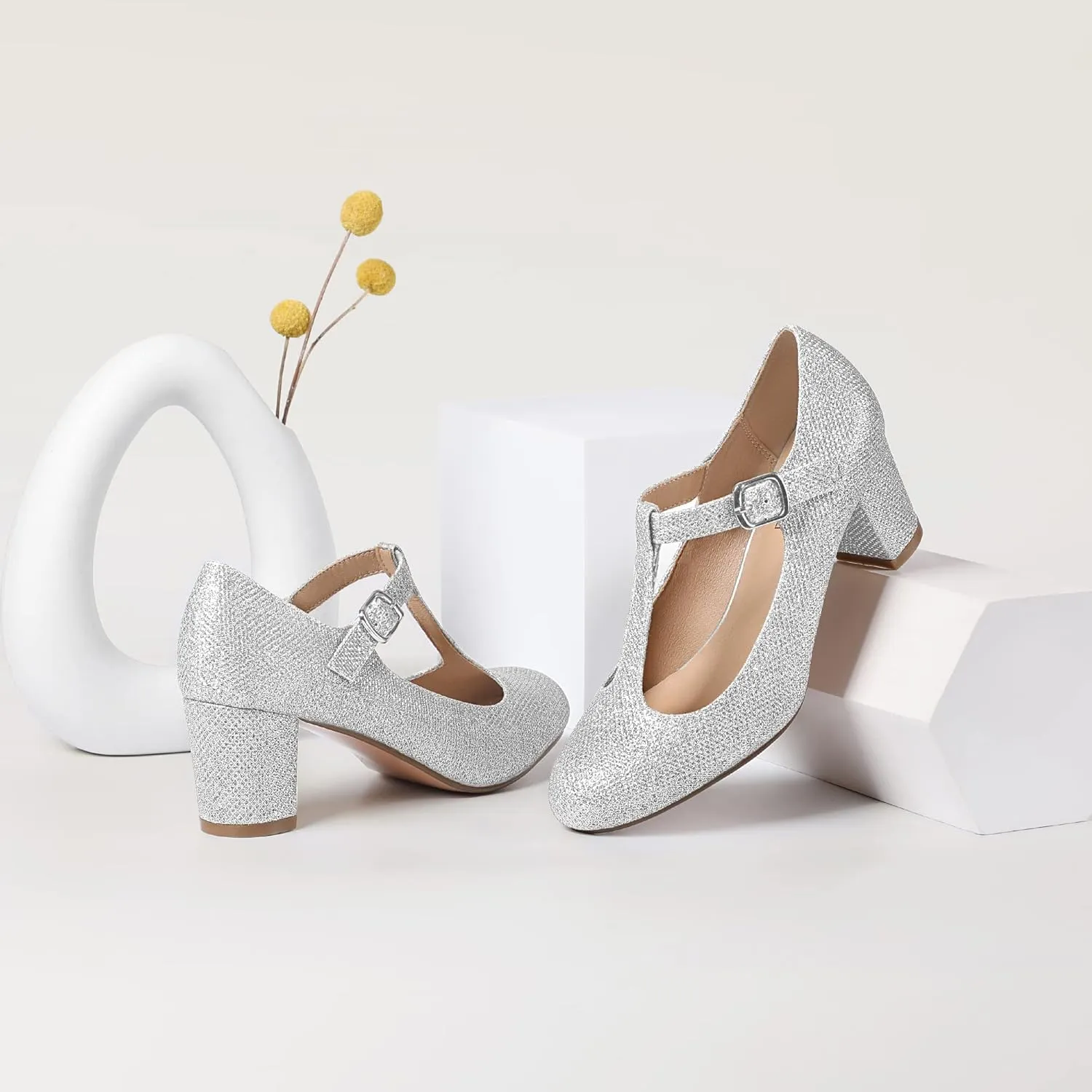 IDIFU Women's Pumps Dress Shoes for Women Mary Jane Low Chunky Closed Toe T-Strap Womens Dress Shoes Wedding Shoes for Bride Black Nude Silver Heels for Women