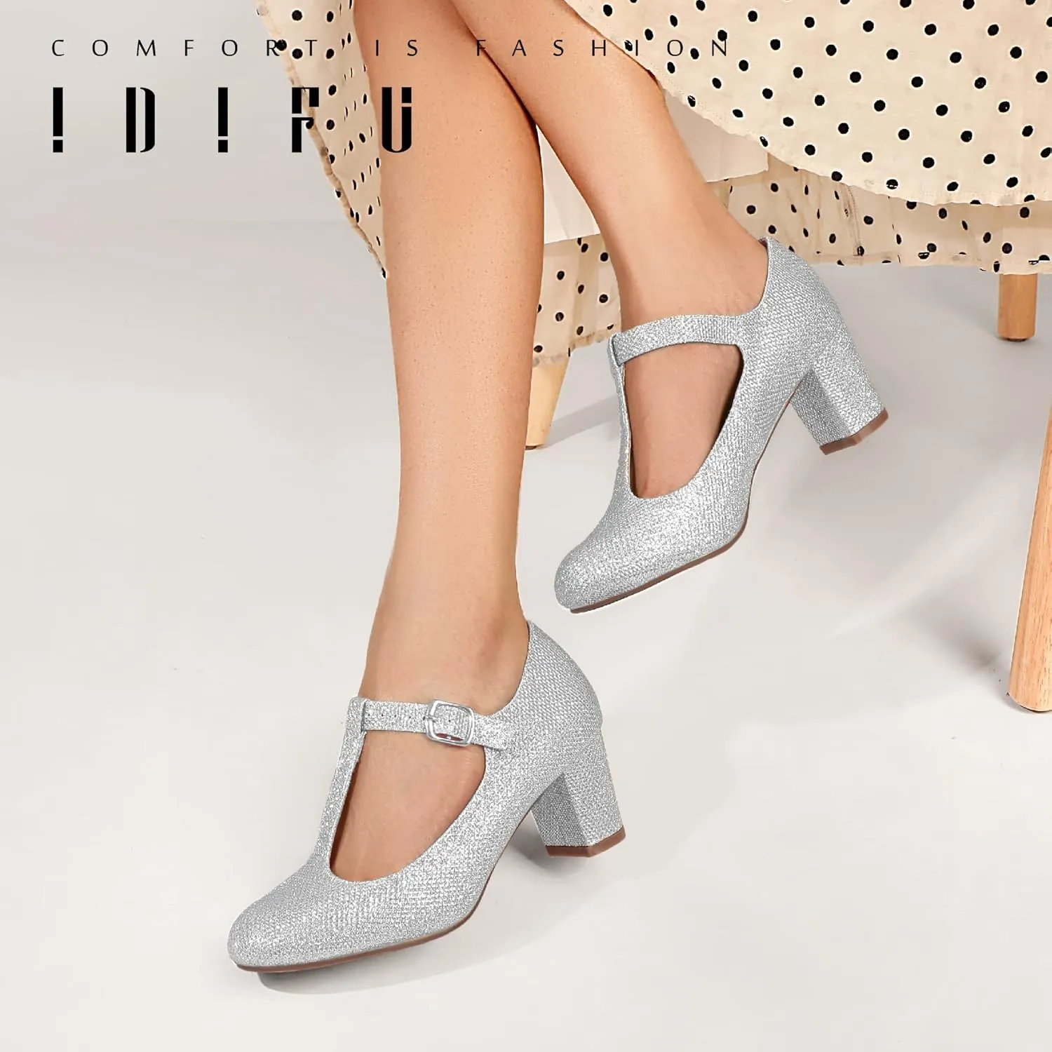 IDIFU Women's Pumps Dress Shoes for Women Mary Jane Low Chunky Closed Toe T-Strap Womens Dress Shoes Wedding Shoes for Bride Black Nude Silver Heels for Women