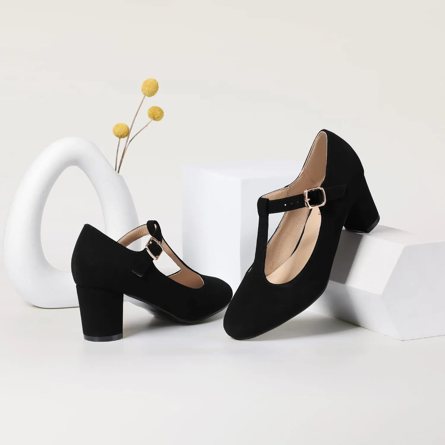 IDIFU Women's Pumps Dress Shoes for Women Mary Jane Low Chunky Closed Toe T-Strap Womens Dress Shoes Wedding Shoes for Bride Black Nude Silver Heels for Women