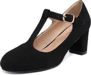 IDIFU Women's Pumps Dress Shoes for Women Mary Jane Low Chunky Closed Toe T-Strap Womens Dress Shoes Wedding Shoes for Bride Black Nude Silver Heels for Women