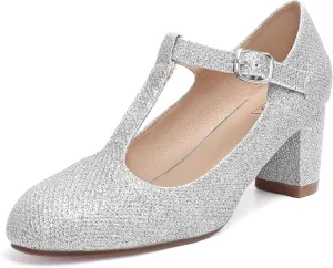 IDIFU Women's Pumps Dress Shoes for Women Mary Jane Low Chunky Closed Toe T-Strap Womens Dress Shoes Wedding Shoes for Bride Black Nude Silver Heels for Women