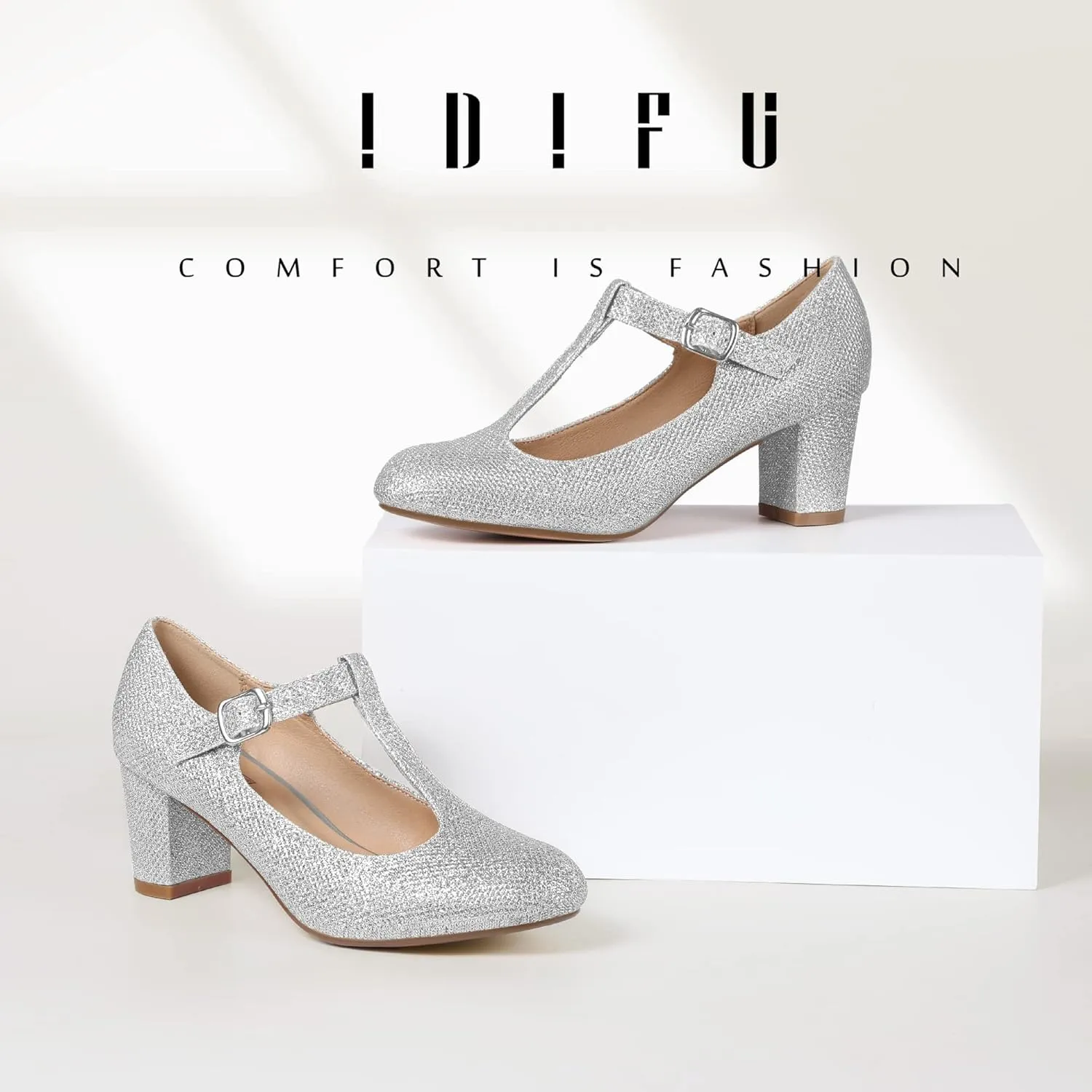 IDIFU Women's Pumps Dress Shoes for Women Mary Jane Low Chunky Closed Toe T-Strap Womens Dress Shoes Wedding Shoes for Bride Black Nude Silver Heels for Women