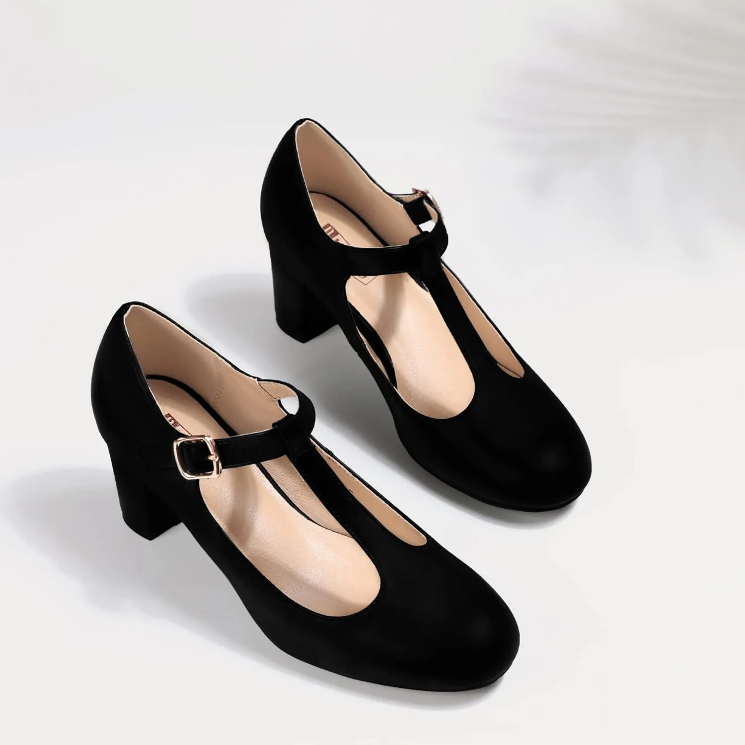 IDIFU Women's Pumps Dress Shoes for Women Mary Jane Low Chunky Closed Toe T-Strap Womens Dress Shoes Wedding Shoes for Bride Black Nude Silver Heels for Women