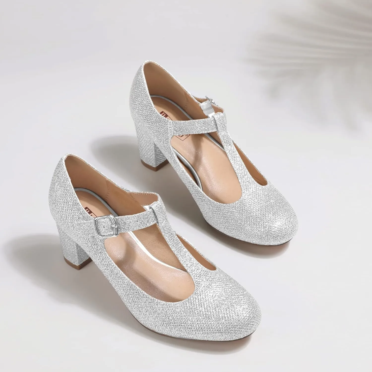 IDIFU Women's Pumps Dress Shoes for Women Mary Jane Low Chunky Closed Toe T-Strap Womens Dress Shoes Wedding Shoes for Bride Black Nude Silver Heels for Women