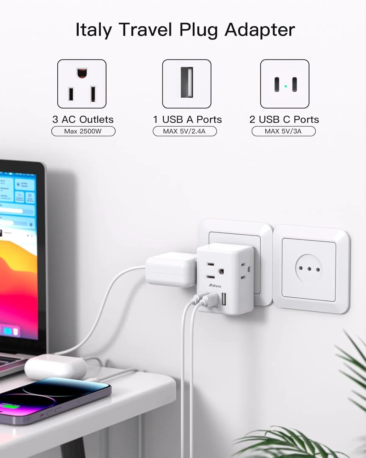 Italy Travel Plug Adapter, Italy Travel Essentials, Type L Adapter for Italy, San Marino, Vatican City, European Plug Adapter with 3 Electrical Outlets and 3 USB Charger Ports