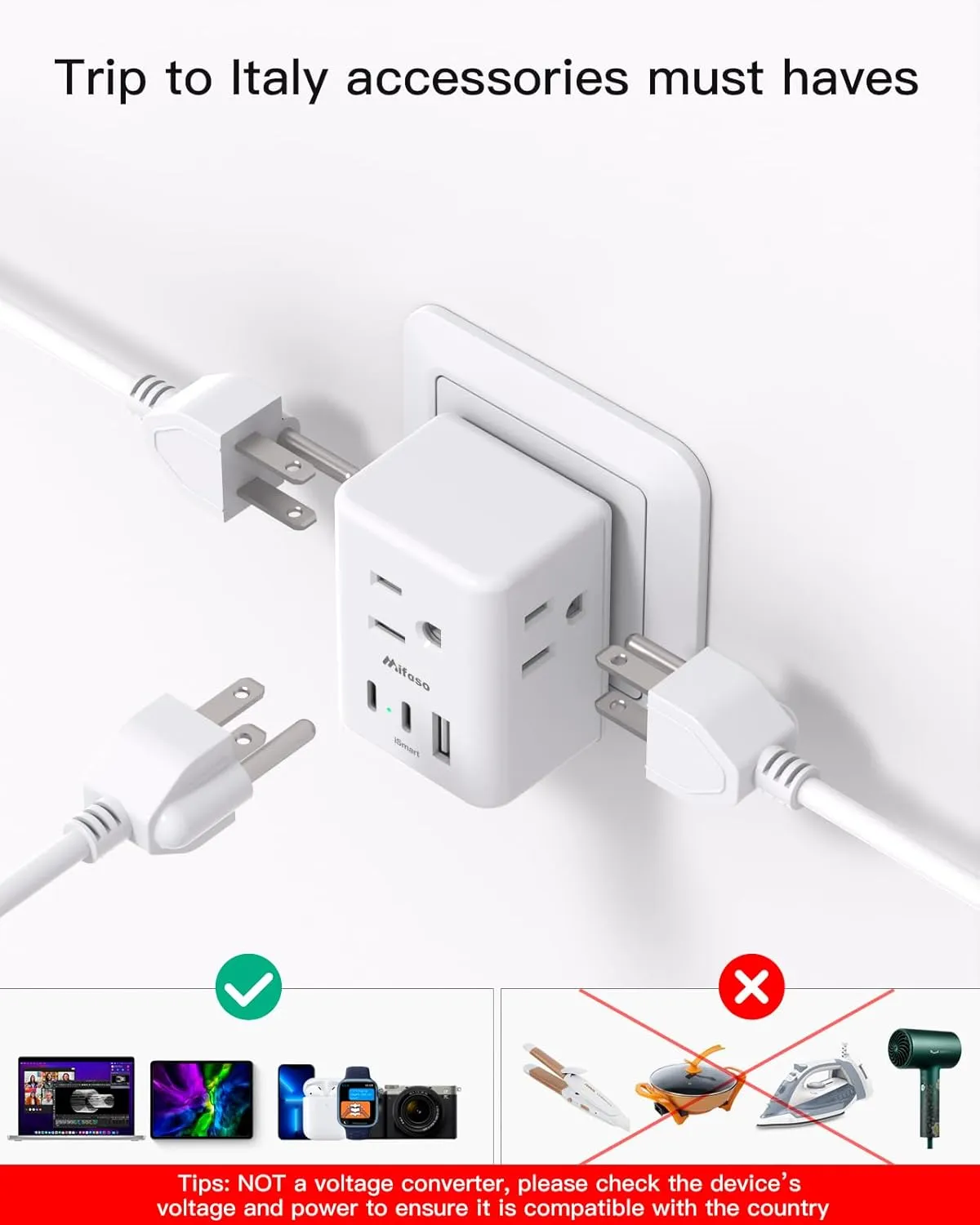 Italy Travel Plug Adapter, Italy Travel Essentials, Type L Adapter for Italy, San Marino, Vatican City, European Plug Adapter with 3 Electrical Outlets and 3 USB Charger Ports