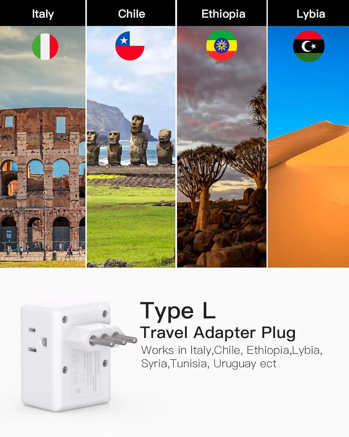 Italy Travel Plug Adapter, Italy Travel Essentials, Type L Adapter for Italy, San Marino, Vatican City, European Plug Adapter with 3 Electrical Outlets and 3 USB Charger Ports