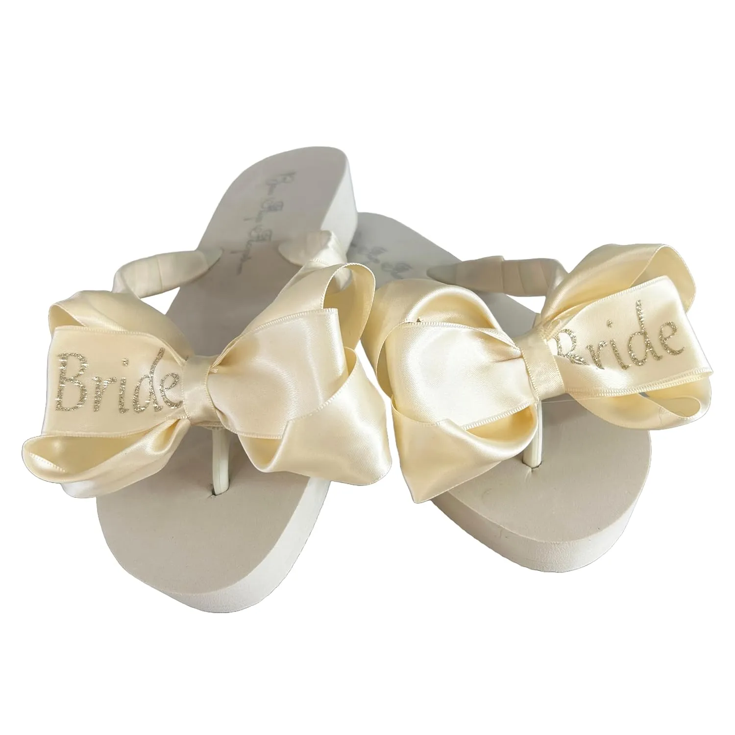 Ivory and Champagne Glitter Bride Bow Flip Flops, Customize the Ribbon and Lettering Colors, Heel Height, White Silver Gold, Flat or Wedge