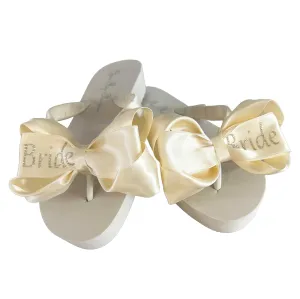 Ivory and Champagne Glitter Bride Bow Flip Flops, Customize the Ribbon and Lettering Colors, Heel Height, White Silver Gold, Flat or Wedge