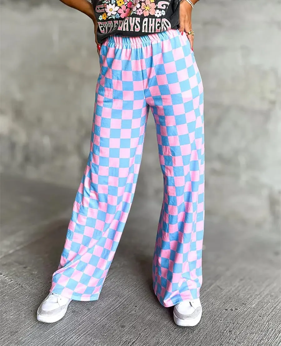 IWOLLENCE Women's Casual Loose Checkered Wide Leg Pants High Waist Straight Lounge Y2K Gingham Trousers Summer