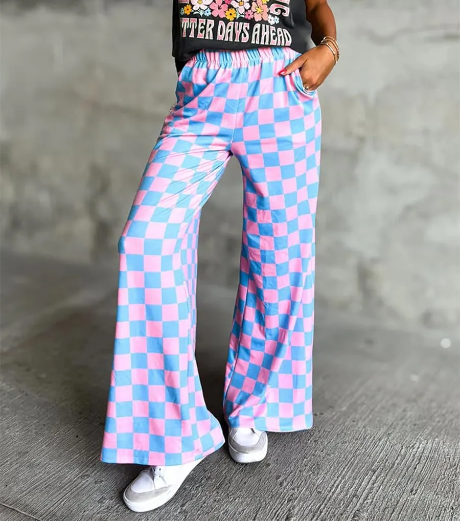 IWOLLENCE Women's Casual Loose Checkered Wide Leg Pants High Waist Straight Lounge Y2K Gingham Trousers Summer