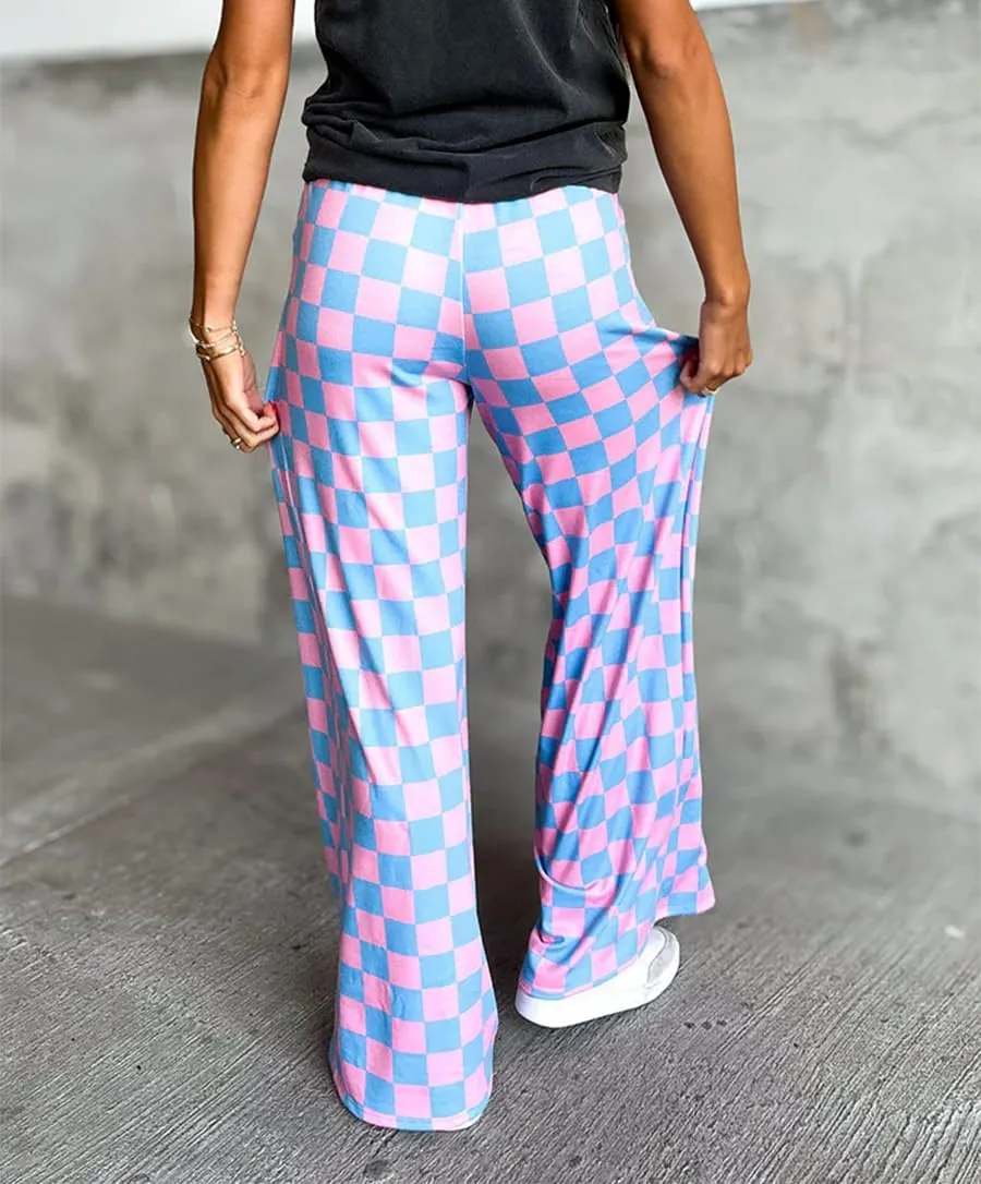 IWOLLENCE Women's Casual Loose Checkered Wide Leg Pants High Waist Straight Lounge Y2K Gingham Trousers Summer