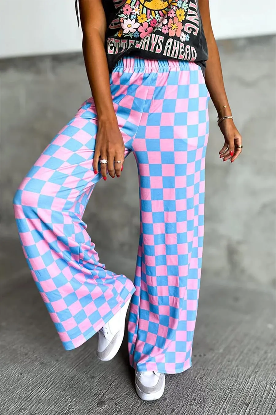 IWOLLENCE Women's Casual Loose Checkered Wide Leg Pants High Waist Straight Lounge Y2K Gingham Trousers Summer