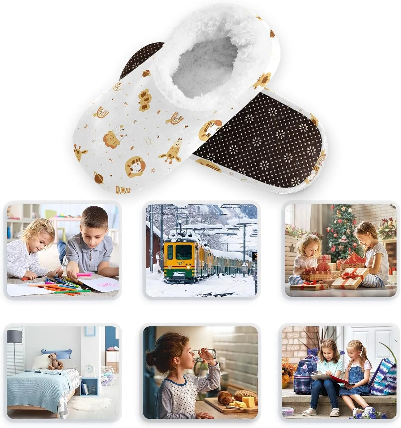 Kids Winter Slippers Animals Rainbows Zebra Giraffe Face Warm Soft Non Slip House Slippers for Boys Girls Indoor
