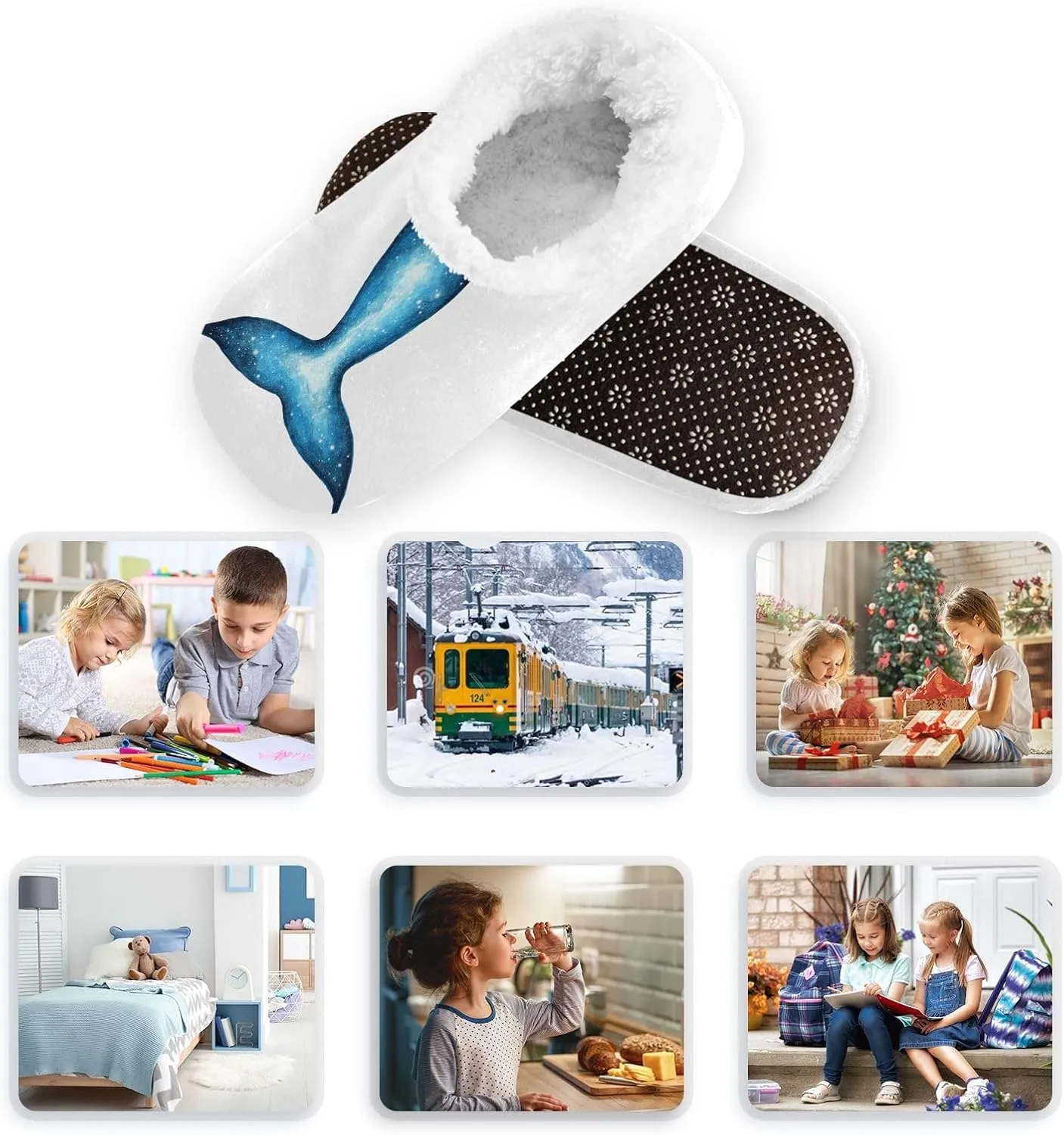Kids Winter Slippers for Boys Girls Fish Tail Galaxy Whale Warm Soft Non Slip House Slippers Children Indoor