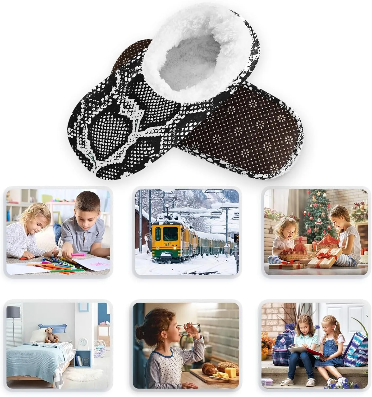 Kids Winter Slippers Snakes Skin Texture Pattern White Black Warm Soft Non Slip House Slippers for Boys Girls Indoor