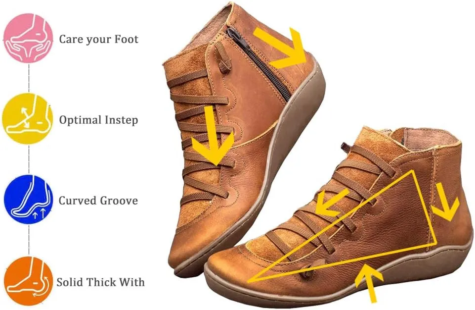 KINOW Arch Support Boots Women Leather Ankle Boots High Top Wedge Bootie Damping Shoes