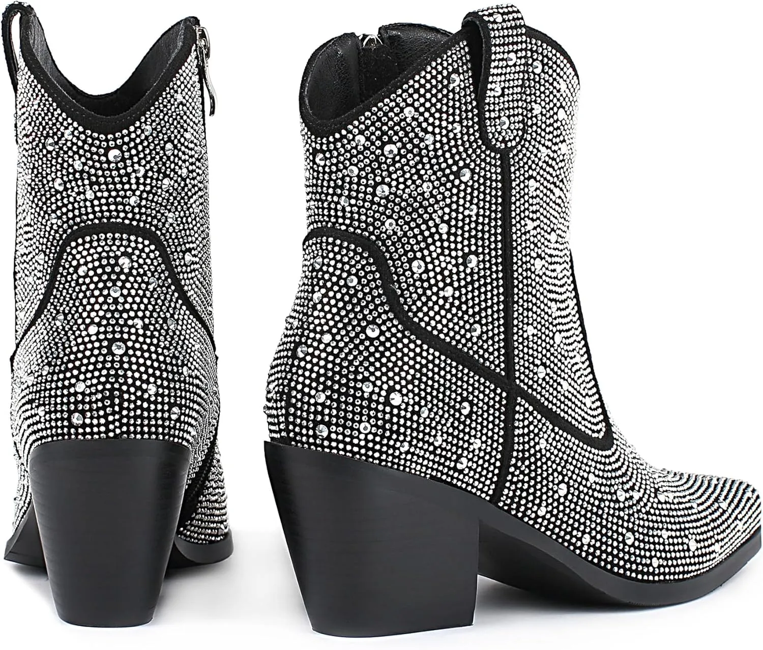 KiutSymo Women's Sparkly Ankle Boots Rhinestone Glitter Booties Pointed Toe Chunky Low Heel Cowboy Boots