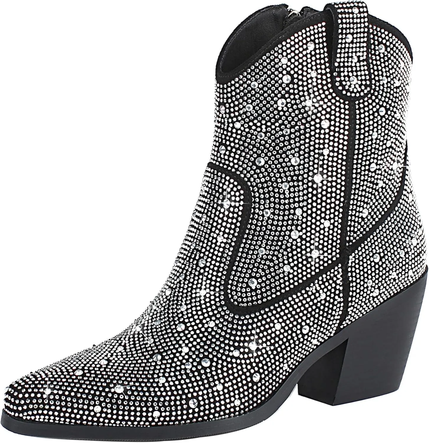 KiutSymo Women's Sparkly Ankle Boots Rhinestone Glitter Booties Pointed Toe Chunky Low Heel Cowboy Boots