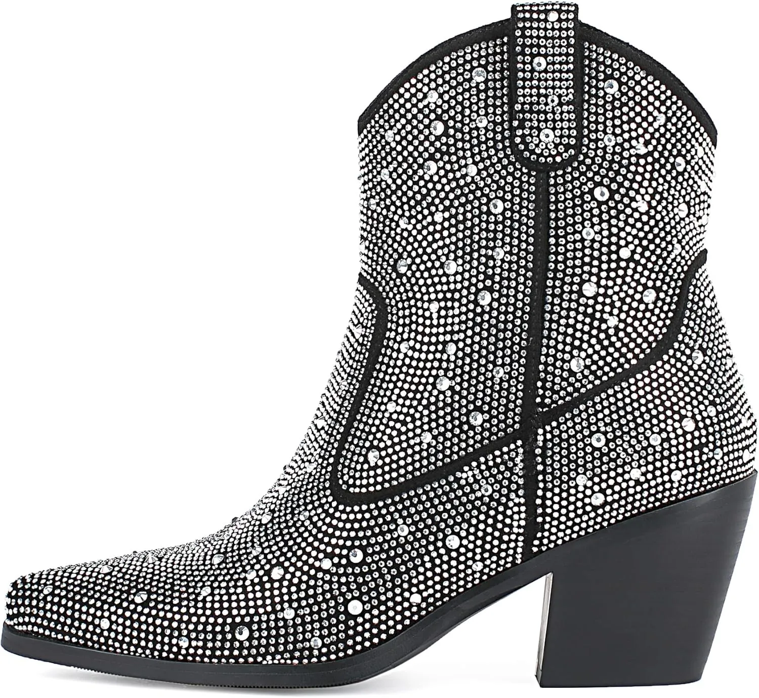 KiutSymo Women's Sparkly Ankle Boots Rhinestone Glitter Booties Pointed Toe Chunky Low Heel Cowboy Boots